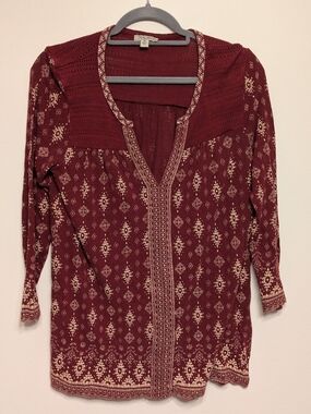 Lucky Brand Burgundy and Cream Patterned Women's Tunic Top